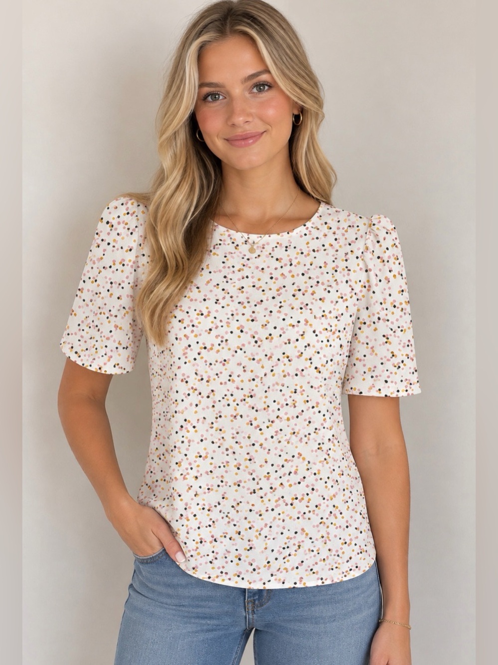 Melloday Puff Sleeve Dotted Short-Sleeve Blouse Size Small